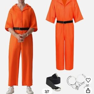 Prisoner convict Jumpsuit costume with Black Belt metal handcuffs tattoo sleeves